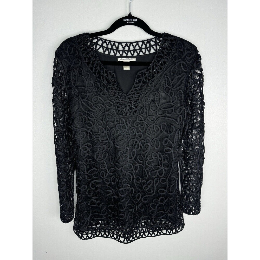 Silken Poetry 100% Silk Black Lace Top Sz Small Beaded Witchy Glam